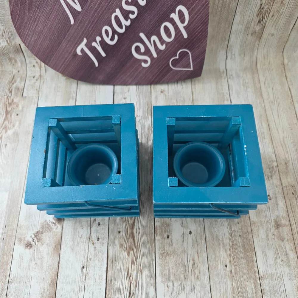 Two Turquoise Blue Wooden Candle Holder Small